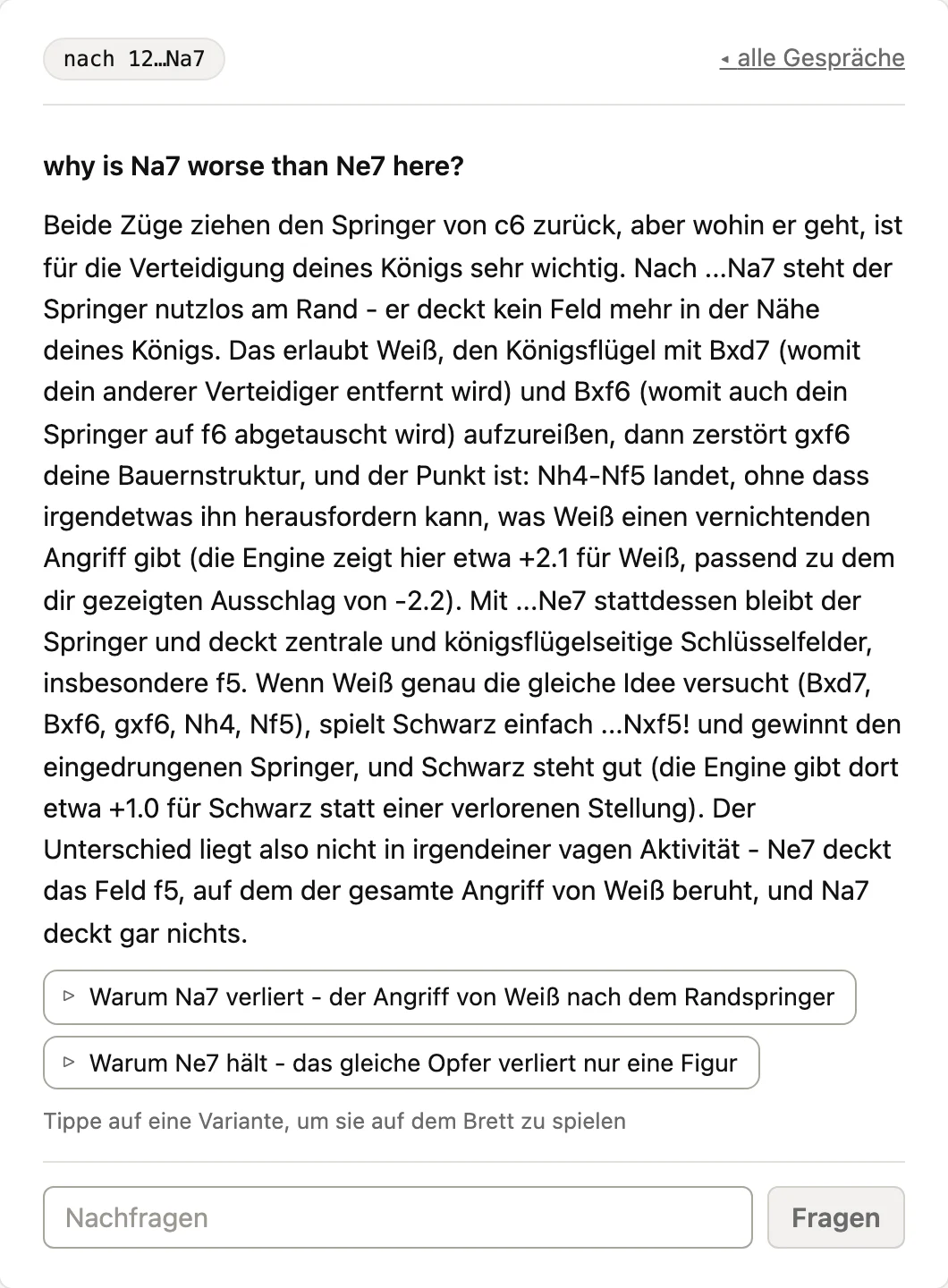 Eine Antwort des Trainers dazu, auf welches Feld ein Springer zurückgehen sollte, mit den beiden Varianten, die sie geprüft hat, am Brett durchspielbar