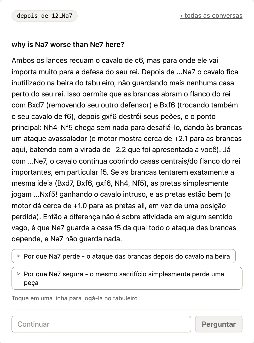 Uma resposta do treinador sobre para qual casa um cavalo deve recuar, com as duas linhas que ele verificou, jogáveis no tabuleiro
