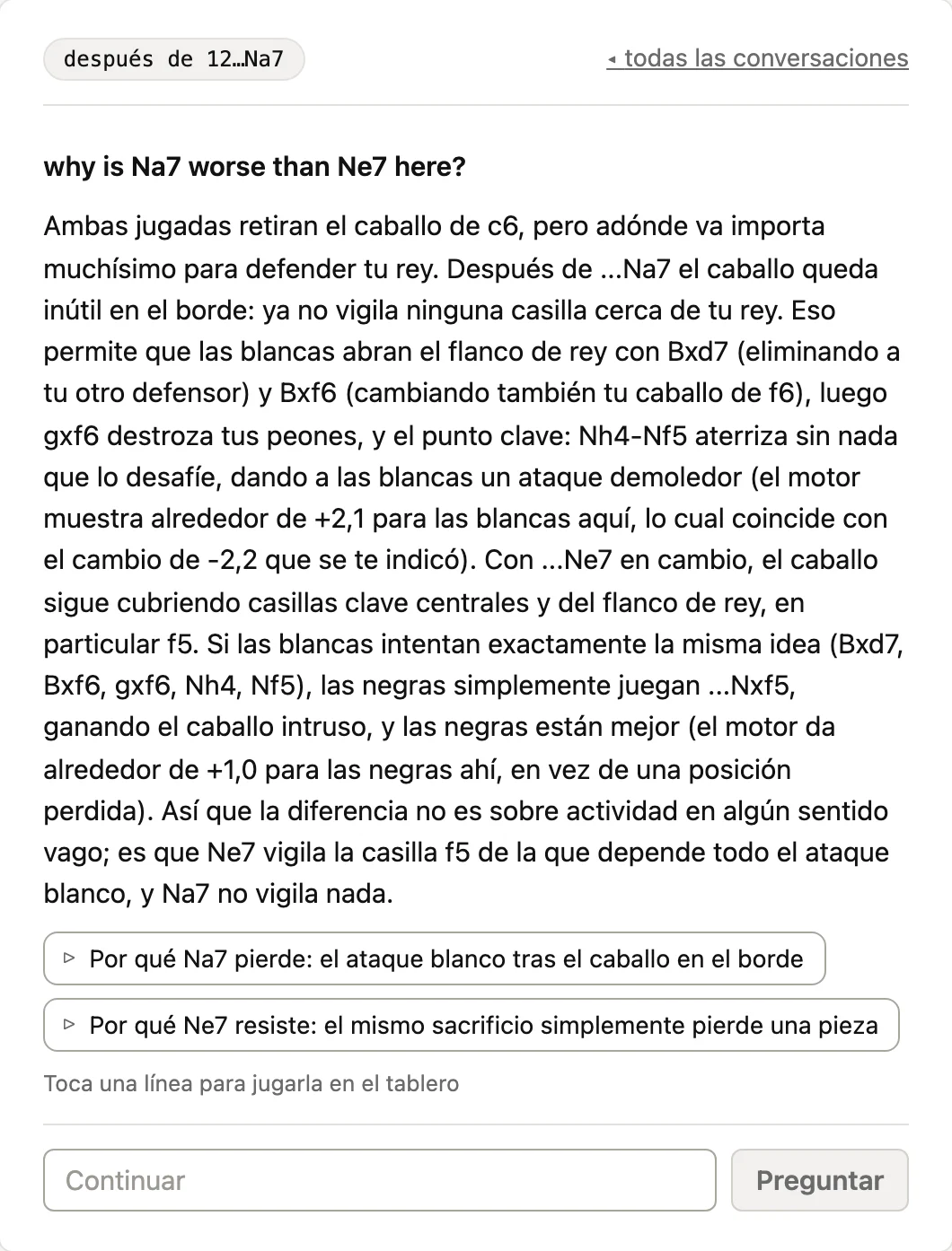 Una respuesta del entrenador sobre a qué casilla debe retirarse un caballo, con las dos líneas que comprobó, jugables en el tablero