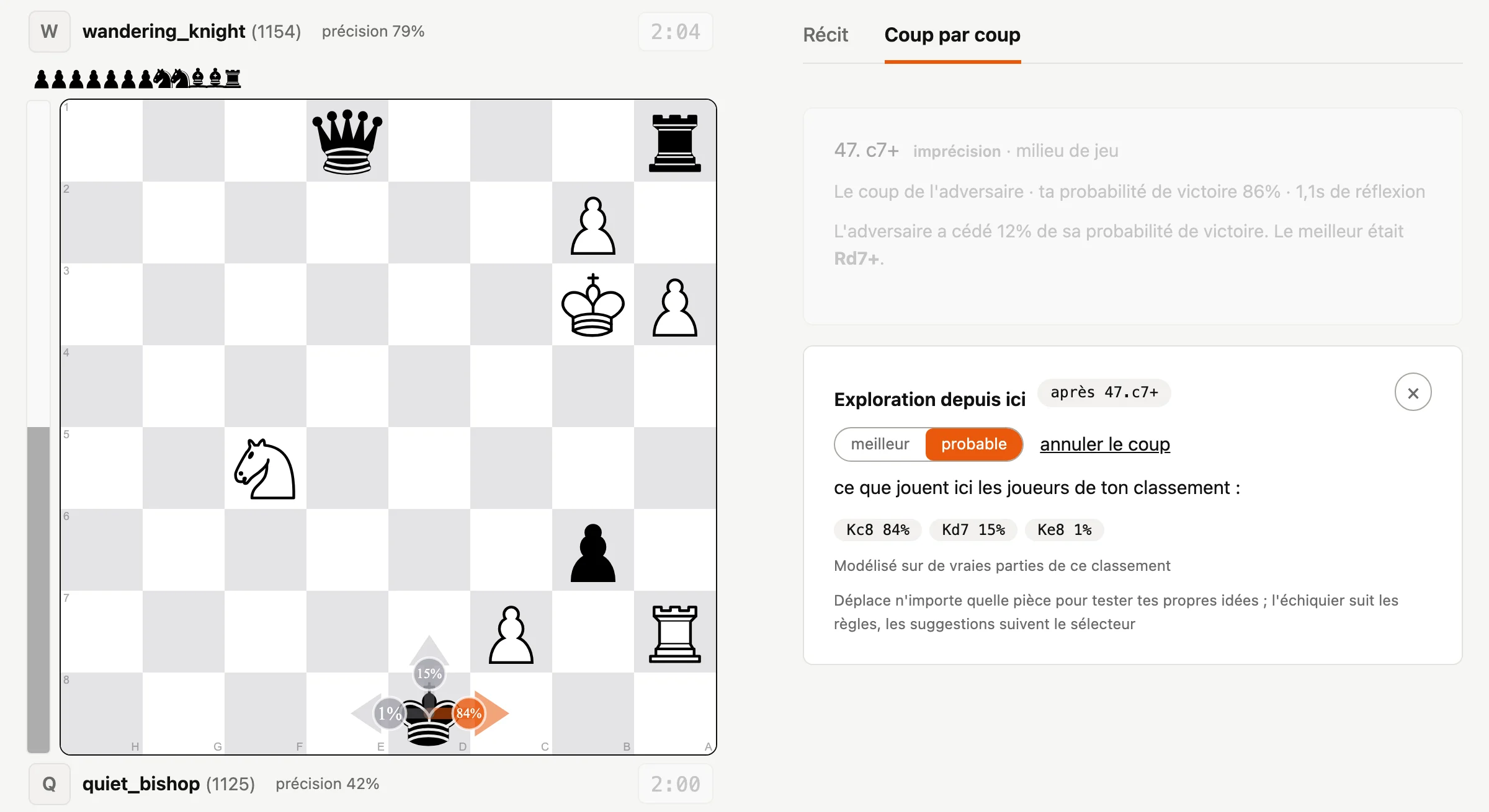 Mode explorer : des flèches sur l'échiquier montrent les coups que choisissent ici les joueurs de ce classement, avec leurs pourcentages