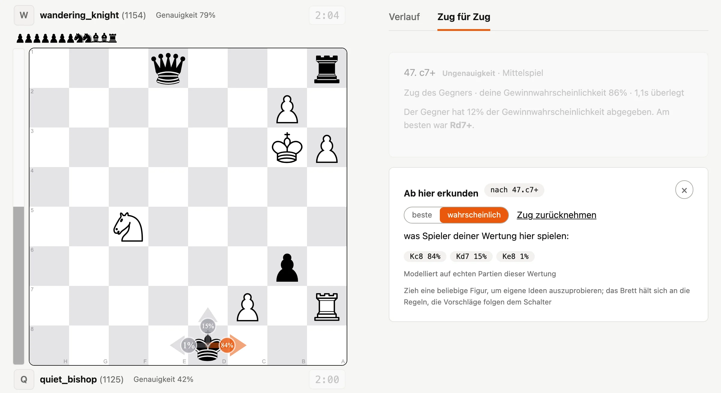 Modus Erkunden: Pfeile auf dem Brett zeigen, welche Züge Spieler dieser Stärke hier wählen, mit ihren Prozentwerten
