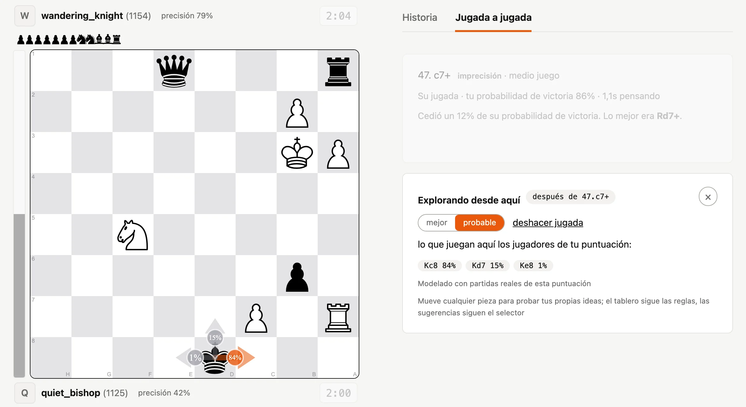 Modo explorar: flechas en el tablero que muestran qué jugadas eligen aquí los jugadores con esta puntuación, con sus porcentajes