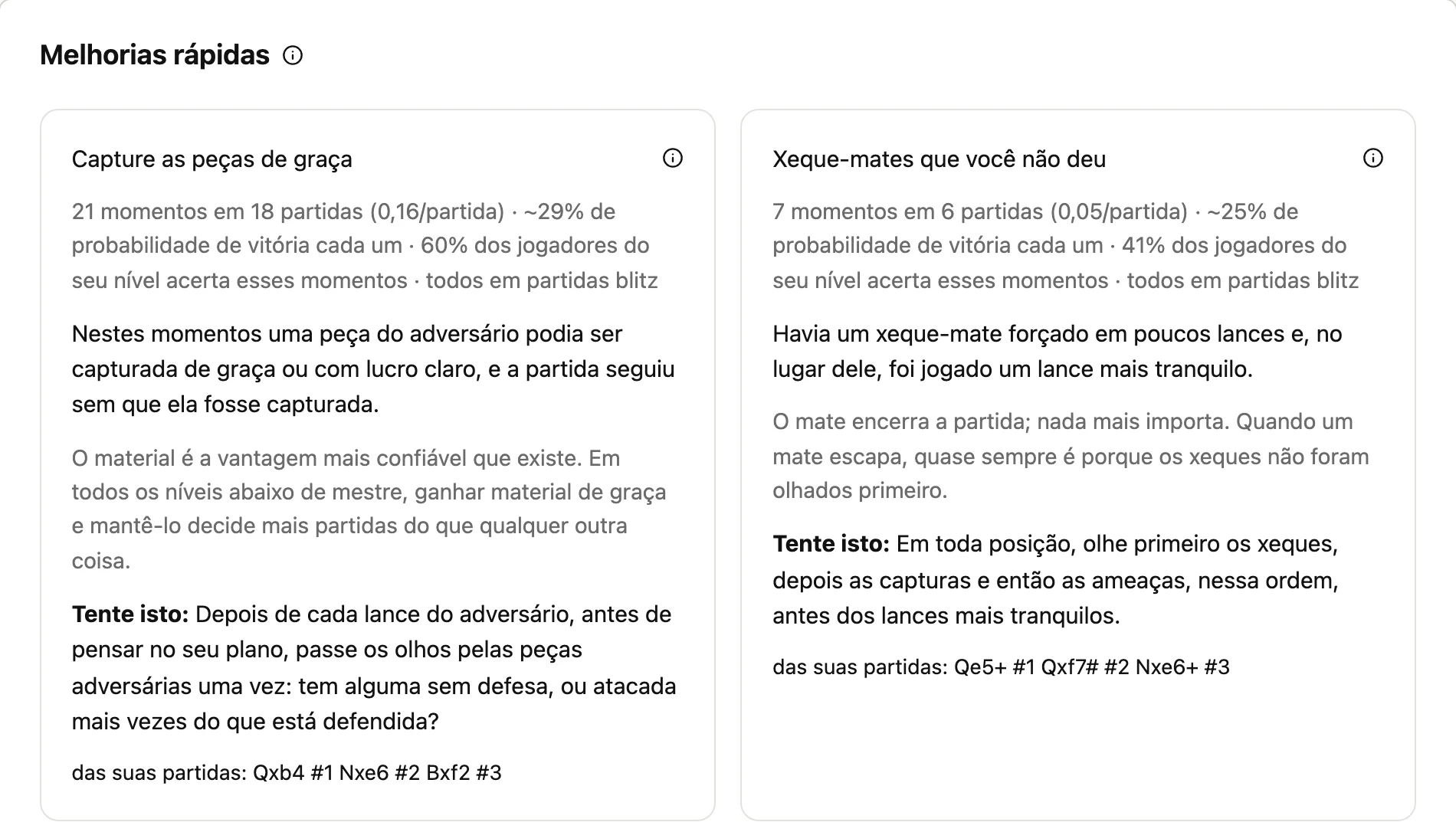 Melhorar: duas melhorias rápidas, cada uma com a frequência com que acontece, o que custa, a frequência com que os jogadores deste nível acertam e uma instrução