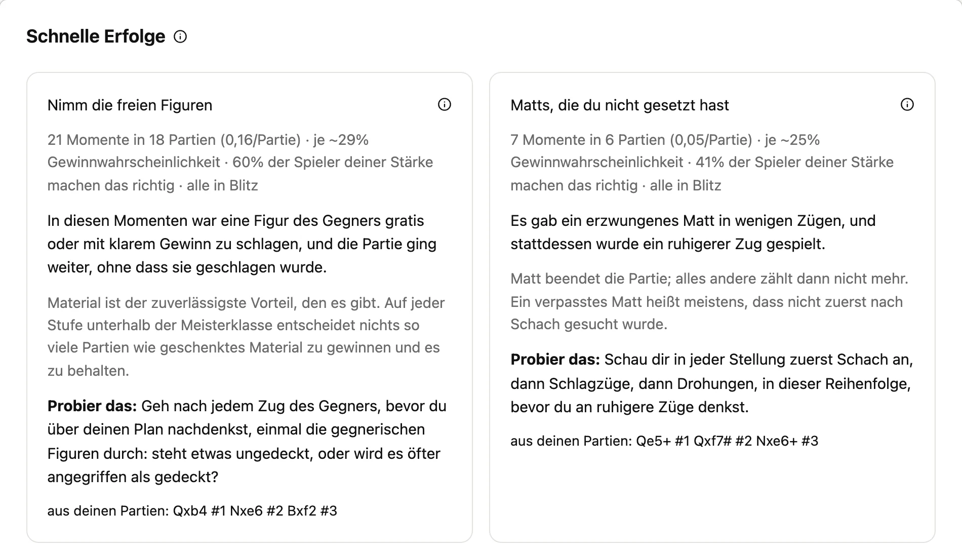 Verbessern: zwei schnelle Erfolge, jeder mit der Häufigkeit, den Kosten, dem Anteil der Spieler dieser Stärke, die es richtig machen, und einer Anweisung