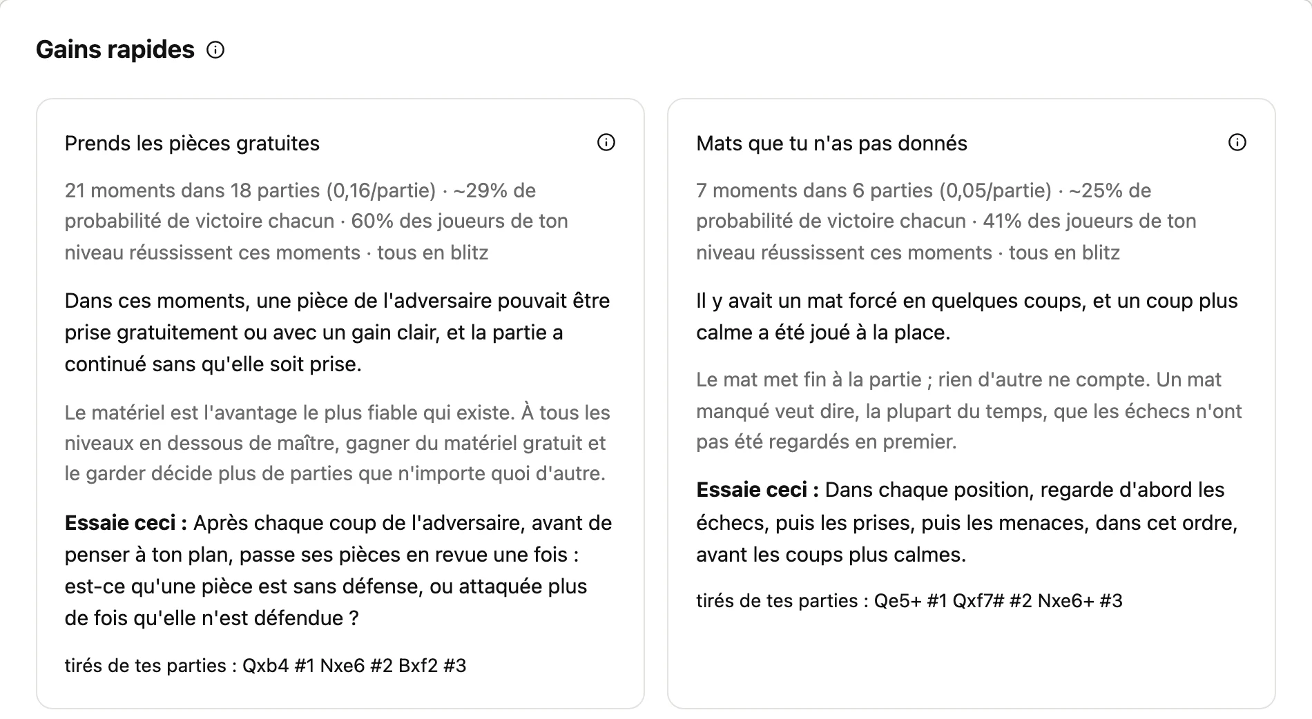 Progresser : deux gains rapides, chacun avec la fréquence à laquelle il arrive, ce qu'il coûte, la part des joueurs de ce niveau qui le réussissent, et une consigne