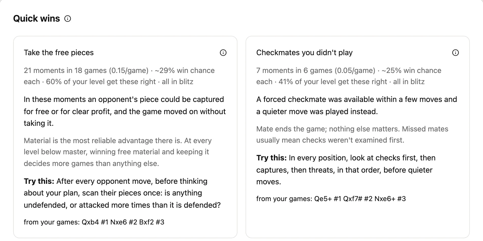 Work on: two quick wins, each with how often it happens, what it costs, how often players at this level get it right, and one instruction